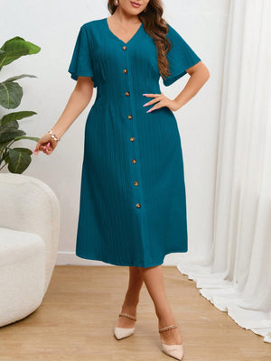 V-neck Button Down Solid Plus Size Dress