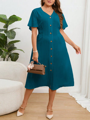 V-neck Button Down Solid Plus Size Dress