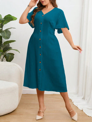 V-neck Button Down Solid Plus Size Dress