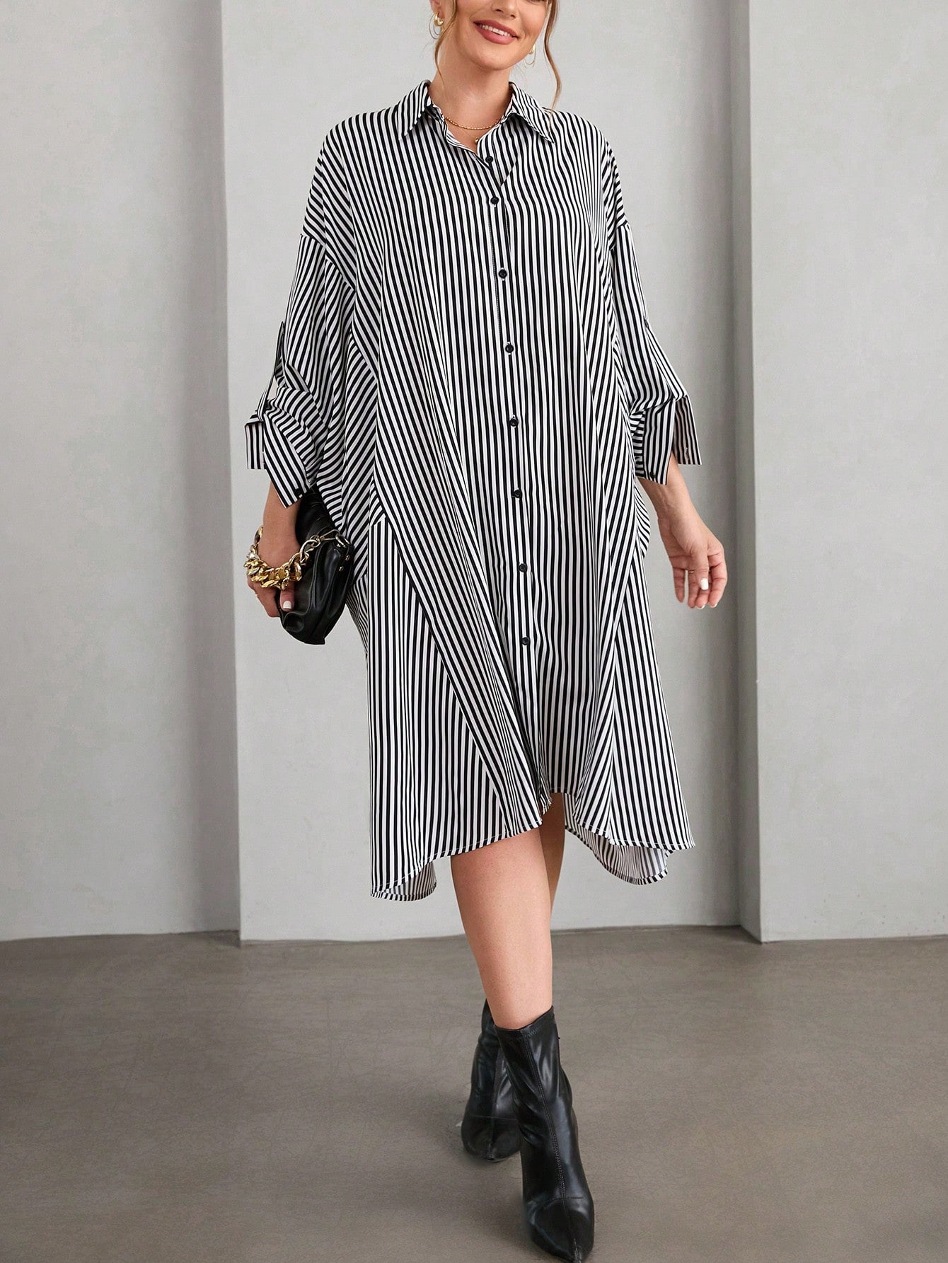 Belted Sleeve Button Down Polo Neck Stripe Patch Detail Plus Size Dress