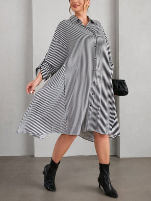 Belted Sleeve Button Down Polo Neck Stripe Patch Detail Plus Size Dress