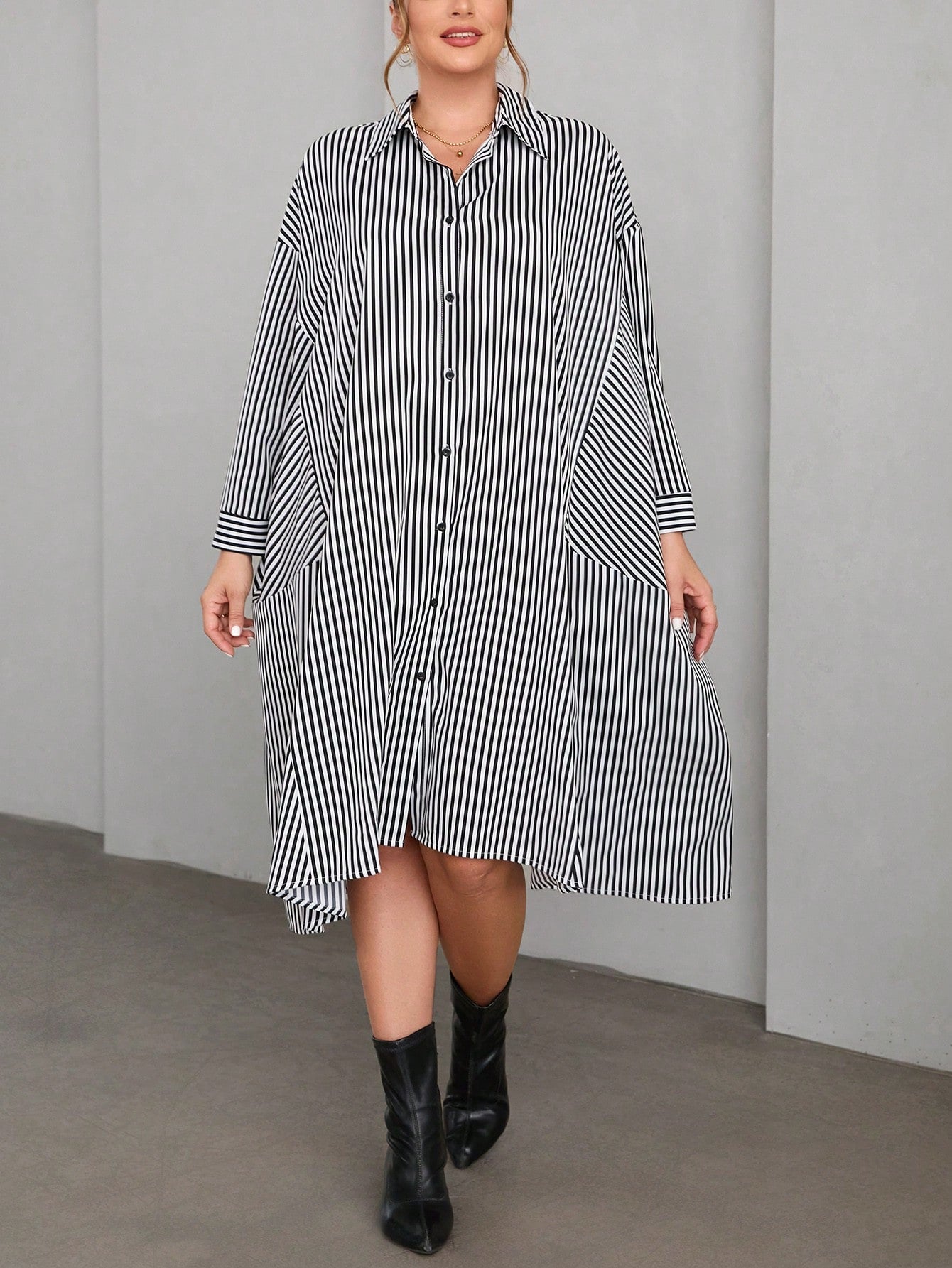 Belted Sleeve Button Down Polo Neck Stripe Patch Detail Plus Size Dress