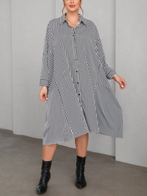 Belted Sleeve Button Down Polo Neck Stripe Patch Detail Plus Size Dress