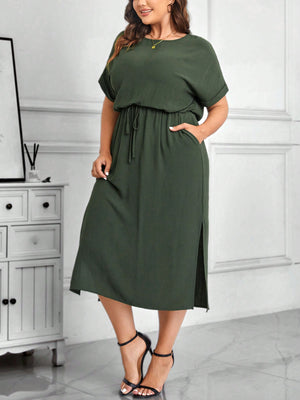 Side Pocket Side Slit Hem Garter Drawstring Waist Fold-up Batwing Sleeve Plus Size Dress