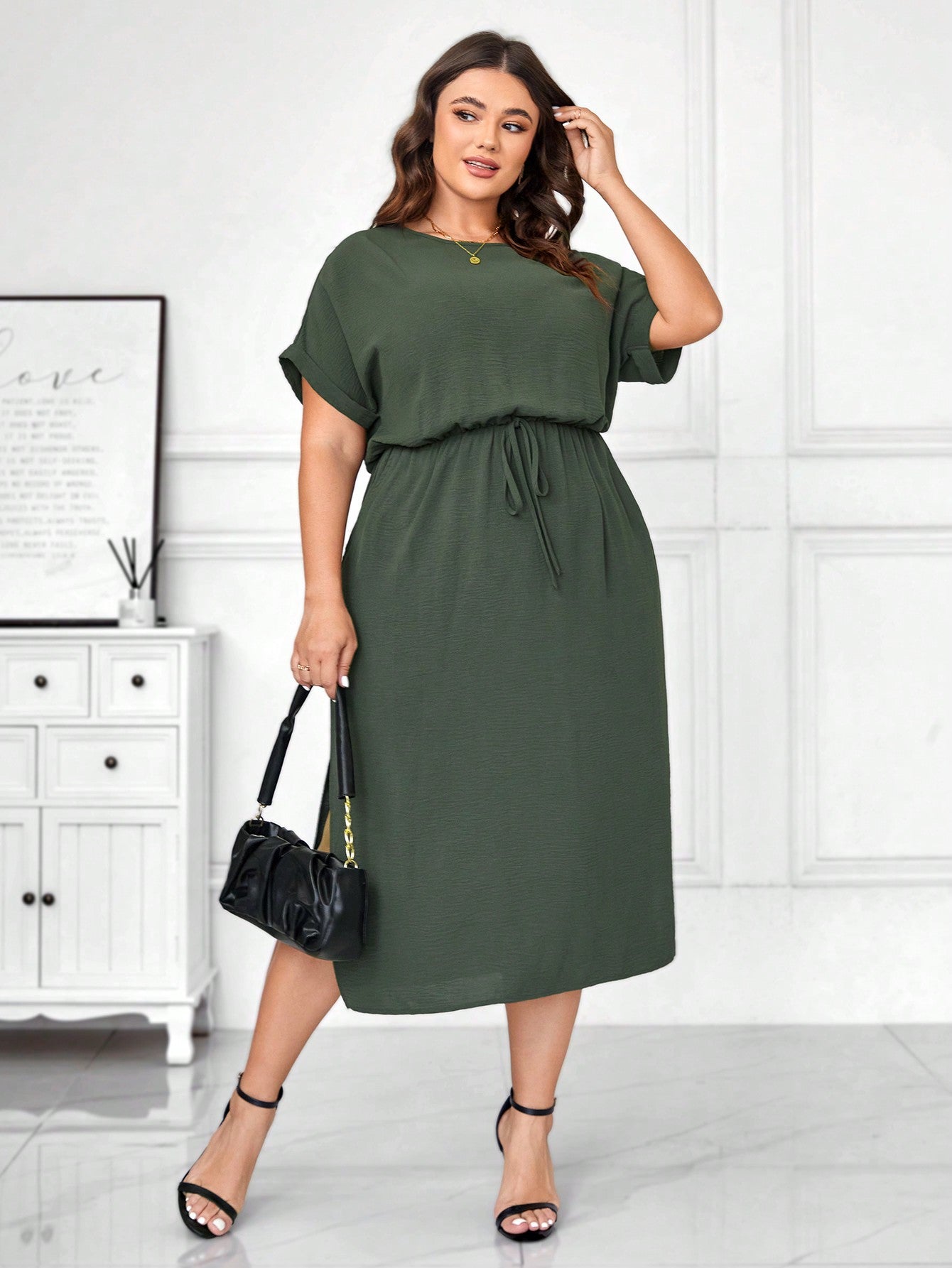 Side Pocket Side Slit Hem Garter Drawstring Waist Fold-up Batwing Sleeve Plus Size Dress