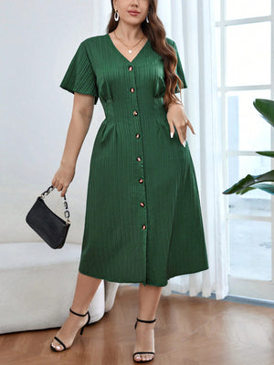 V-neck Button Down Solid Plus Size Dress