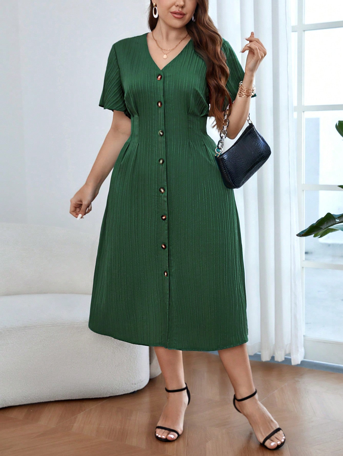 V-neck Button Down Solid Plus Size Dress