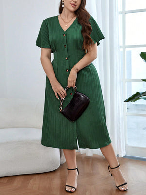 V-neck Button Down Solid Plus Size Dress