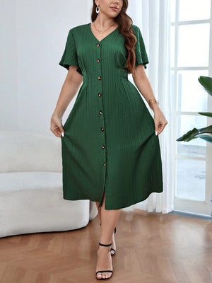 V-neck Button Down Solid Plus Size Dress