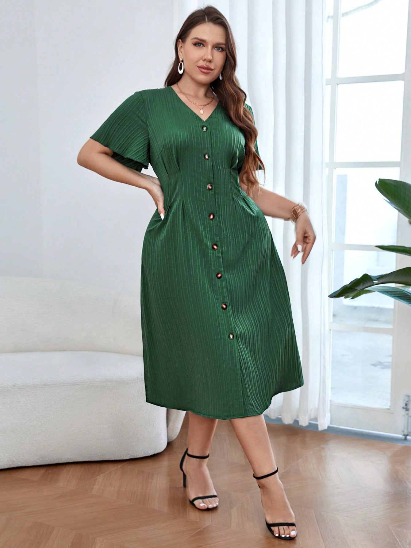 V-neck Button Down Solid Plus Size Dress