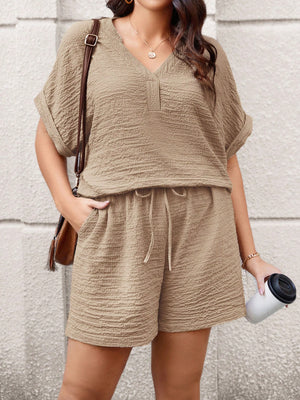 V-neck Fold-up Sleeve Top & Side Pocket Garter Drawstring Shorts Plus Size Terno Set Coords