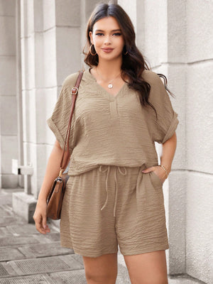 V-neck Fold-up Sleeve Top & Side Pocket Garter Drawstring Shorts Plus Size Terno Set Coords