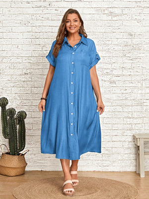 Single Pocket Button Down Collar Neck Polo Shirt Plus Size Dress