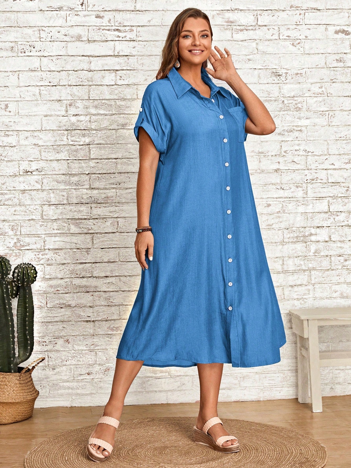 Single Pocket Button Down Collar Neck Polo Shirt Plus Size Dress