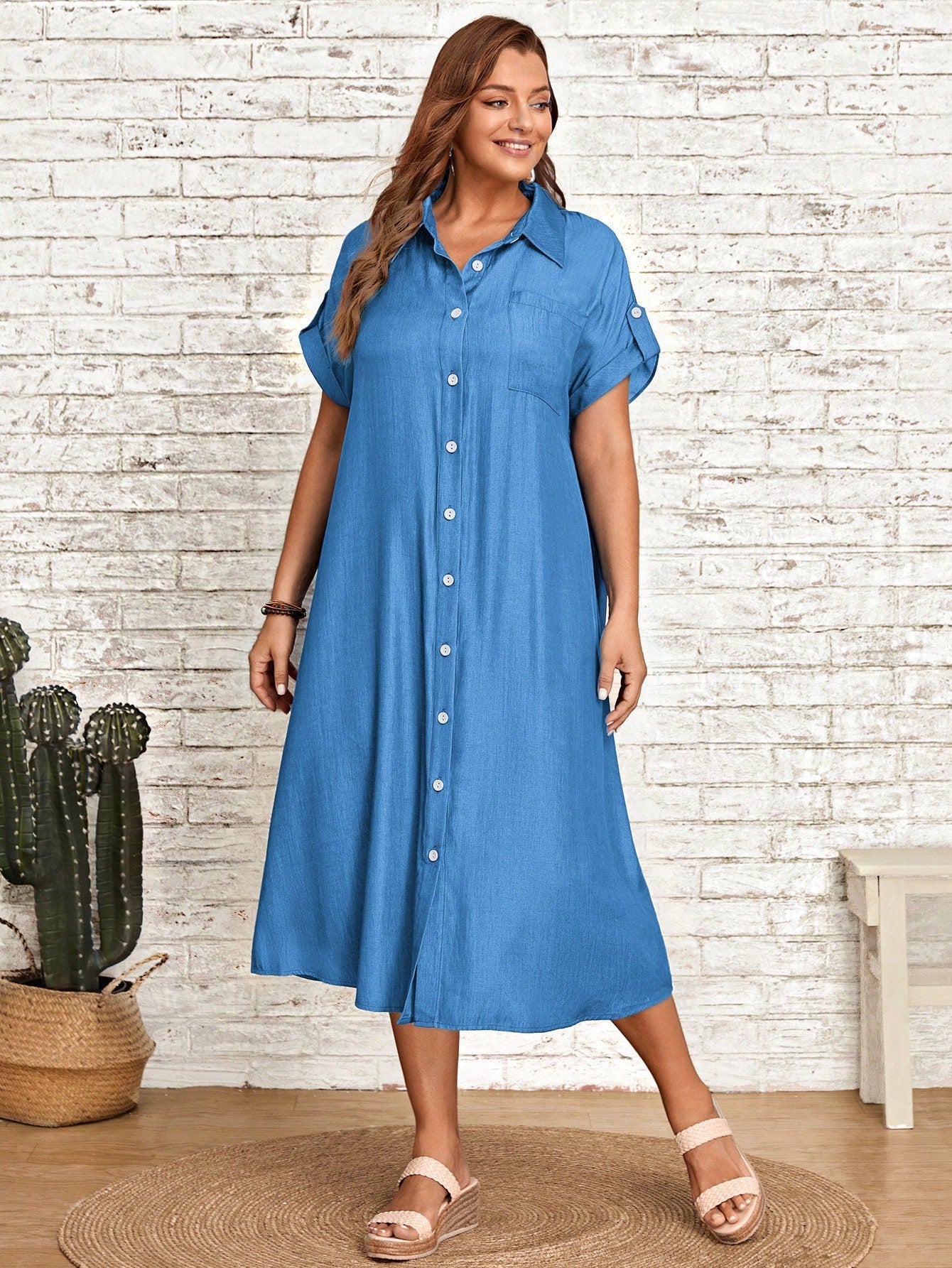 Single Pocket Button Down Collar Neck Polo Shirt Plus Size Dress