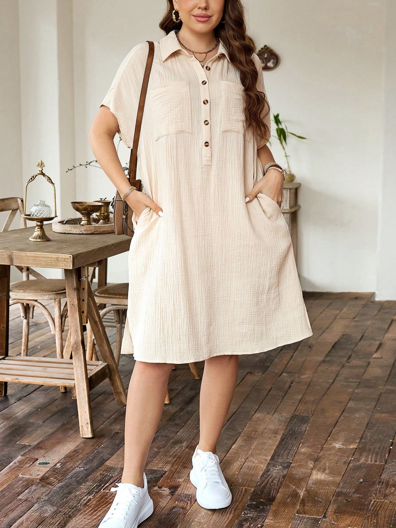 Button Down Fold-up Sleeve Polo Neck Plus Size Shirt Dress