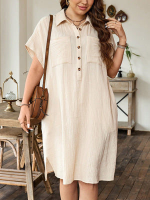 Button Down Fold-up Sleeve Polo Neck Plus Size Shirt Dress