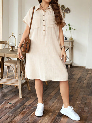 Button Down Fold-up Sleeve Polo Neck Plus Size Shirt Dress