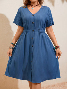 V-neck Button Down Garter Waist Plus Size Dress