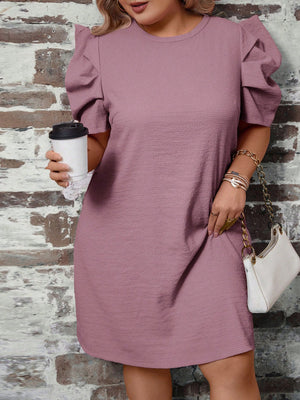 Pleated Ruffle Sleeve Single Button Back Plus Size Dress