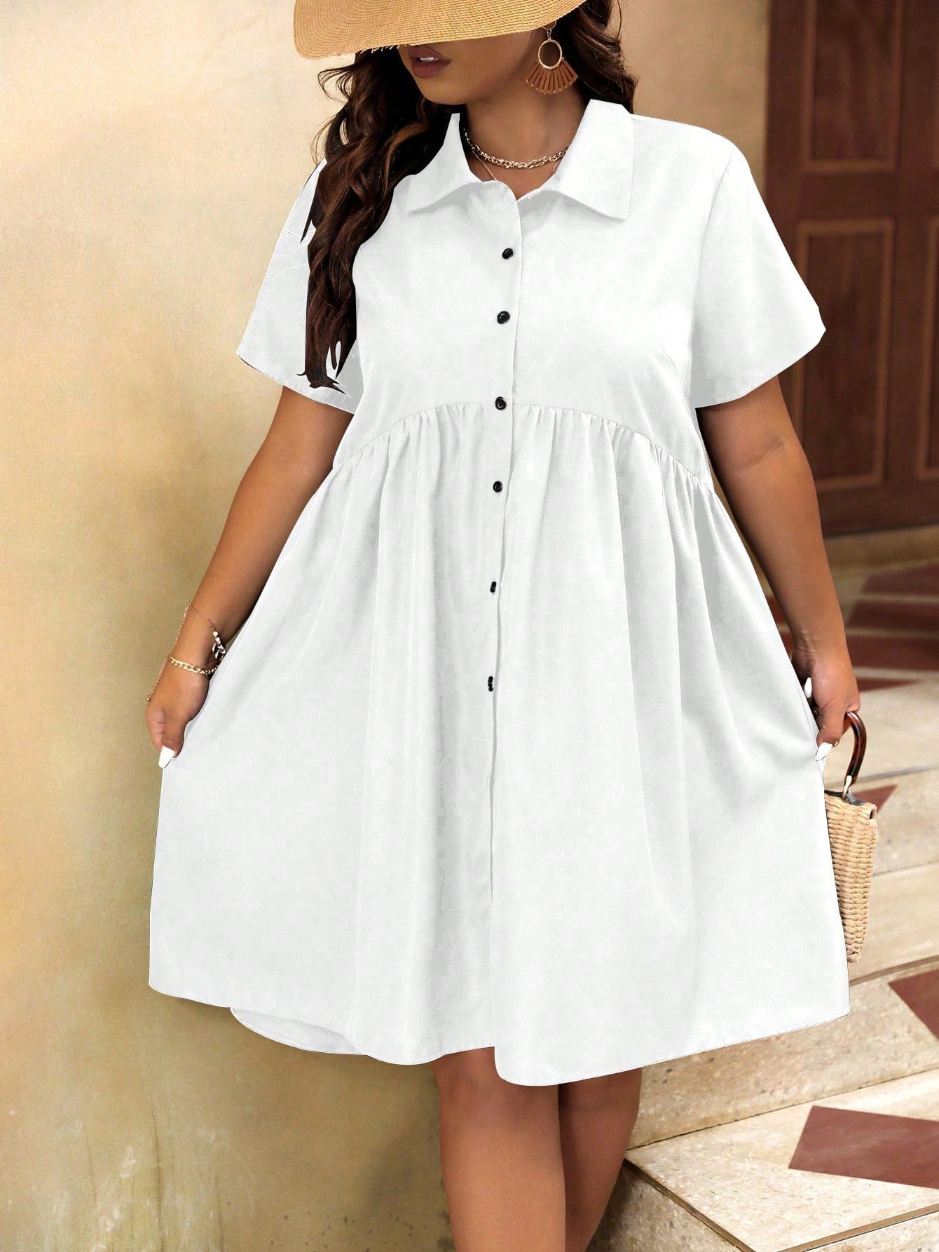 Button Down Polo Neck Plus Size Shirt Dress