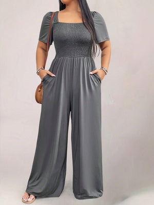 Square Neck Shirred Upper Side Pocket Plus Size Jumpsuit