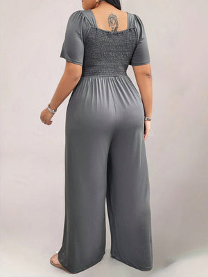 Square Neck Shirred Upper Side Pocket Plus Size Jumpsuit