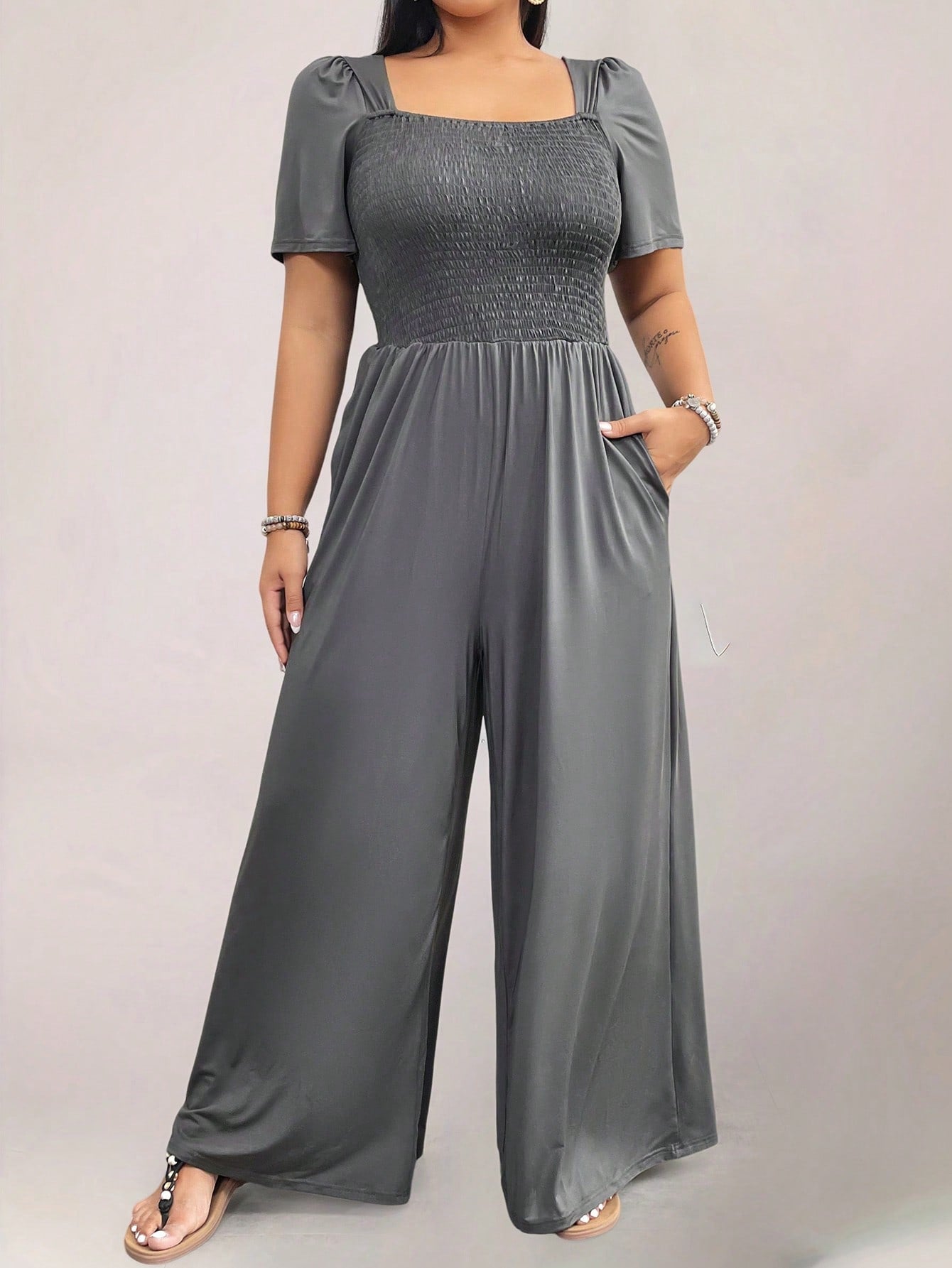 Square Neck Shirred Upper Side Pocket Plus Size Jumpsuit