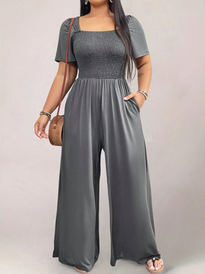 Square Neck Shirred Upper Side Pocket Plus Size Jumpsuit