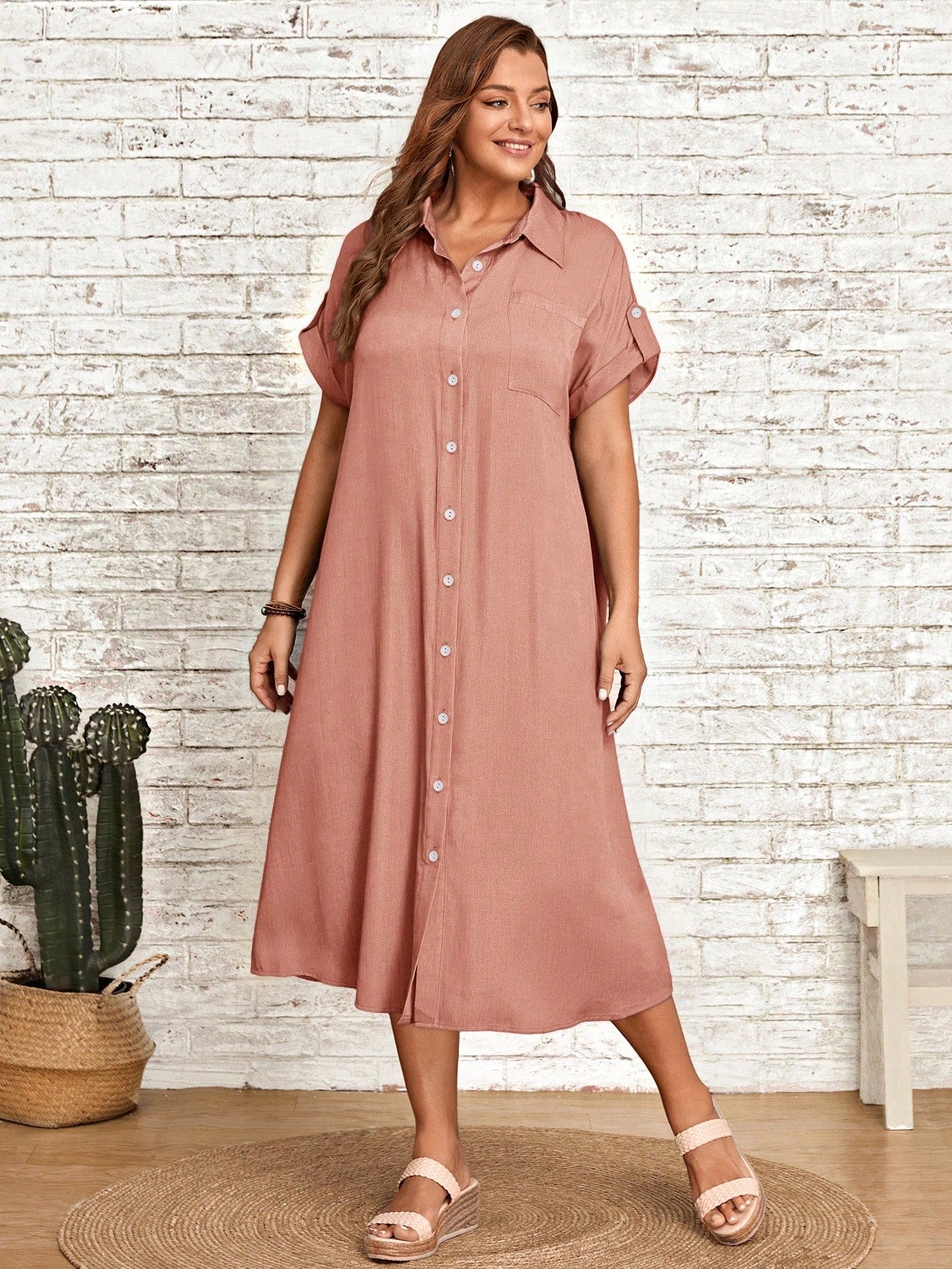 Single Pocket Button Down Collar Neck Polo Shirt Plus Size Dress