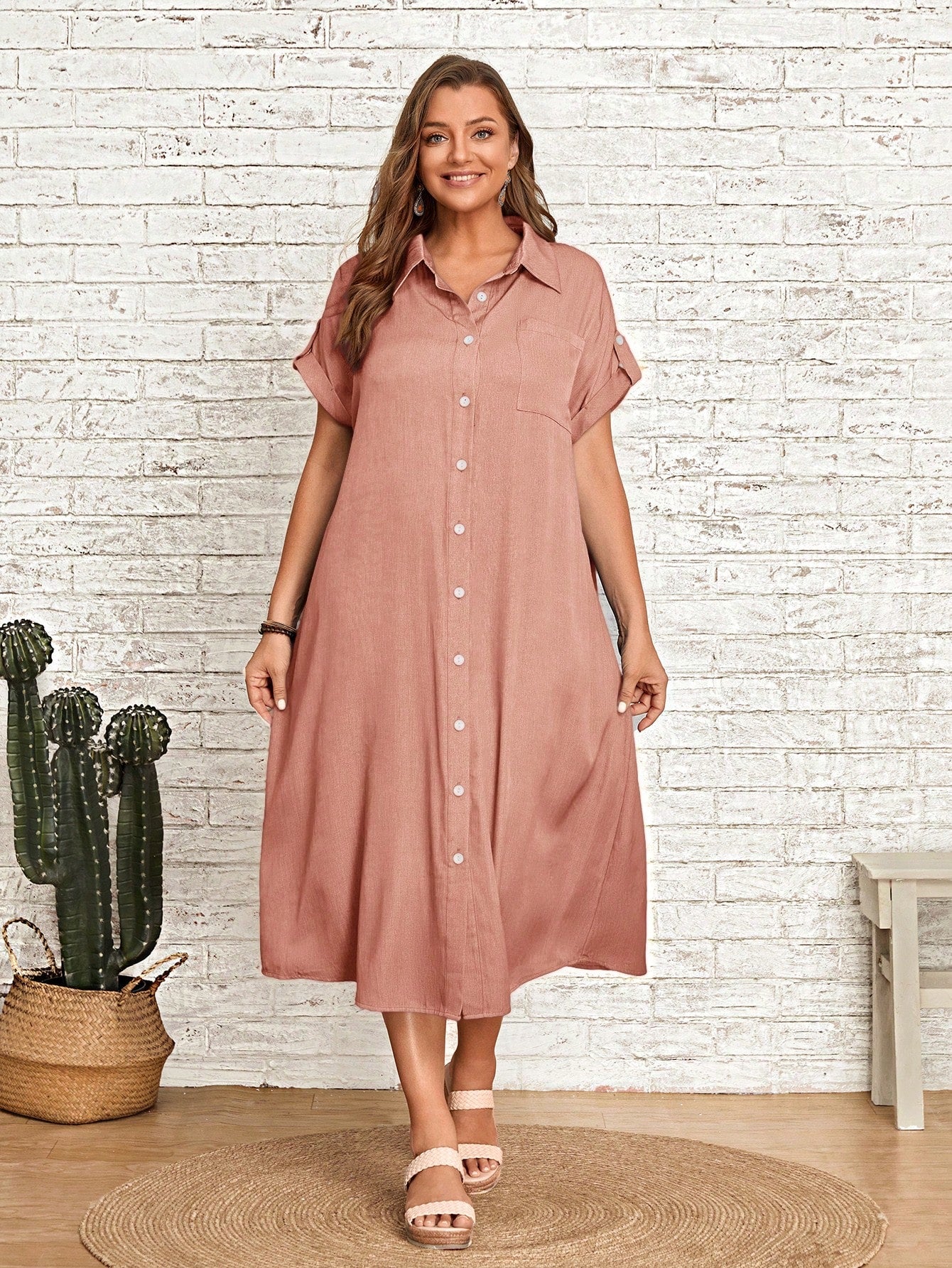 Single Pocket Button Down Collar Neck Polo Shirt Plus Size Dress