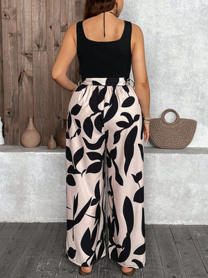 Square Neck Self Belt Floral Combo Plus Size Jumpsuit