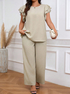 Embroidery 2-layer Ruffle Sleeve Top & Wide Leg Garter Pants Plus Size Terno Set Coords