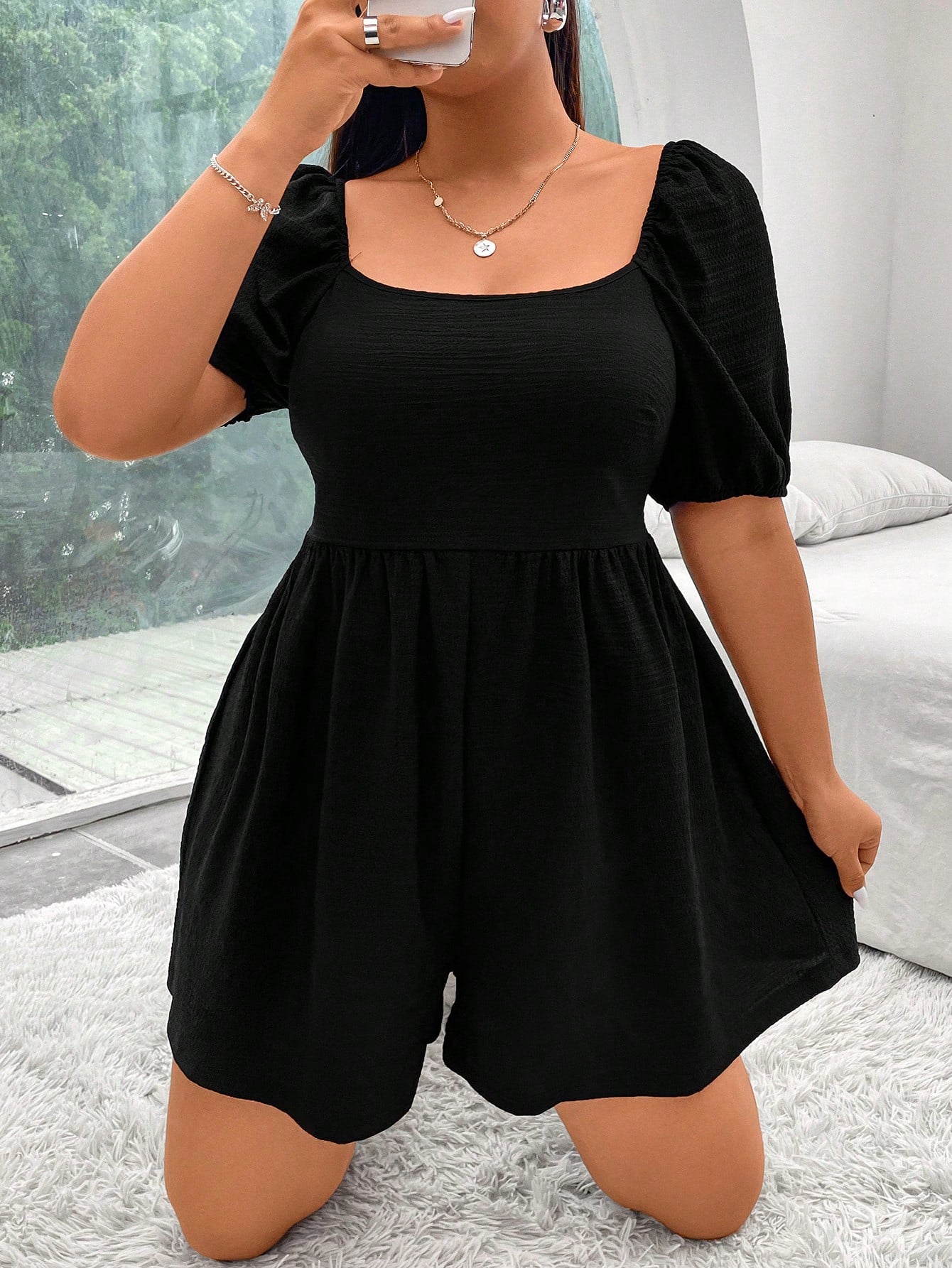 Shirred Back Square Neck Solid Plus Size Jumpshort