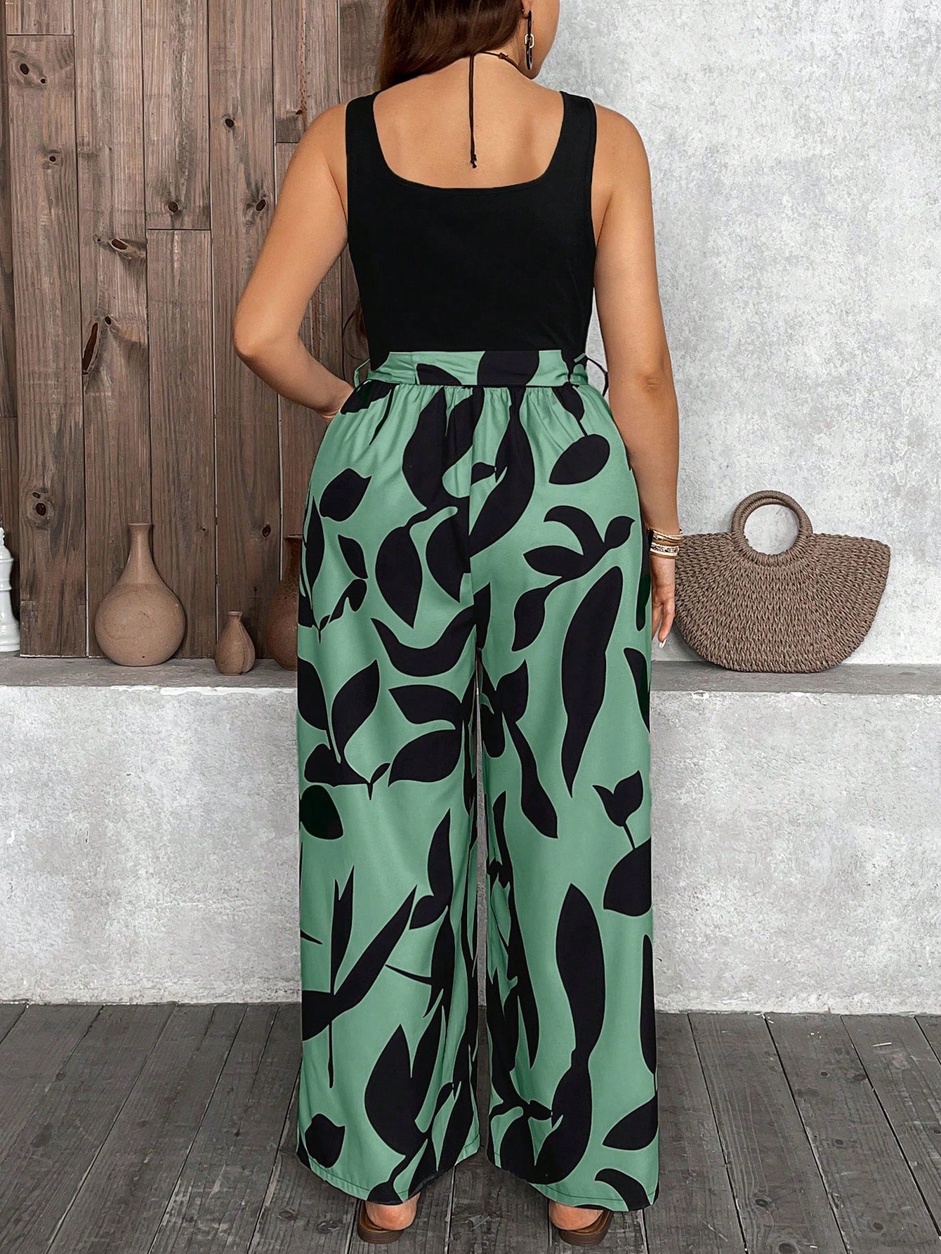 Square Neck Self Belt Floral Combo Plus Size Jumpsuit