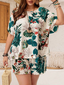 Batwing Sleeve Tropical Plant Print Top & Back Garter Side Pocket Shorts Plus Size Terno Set Coords