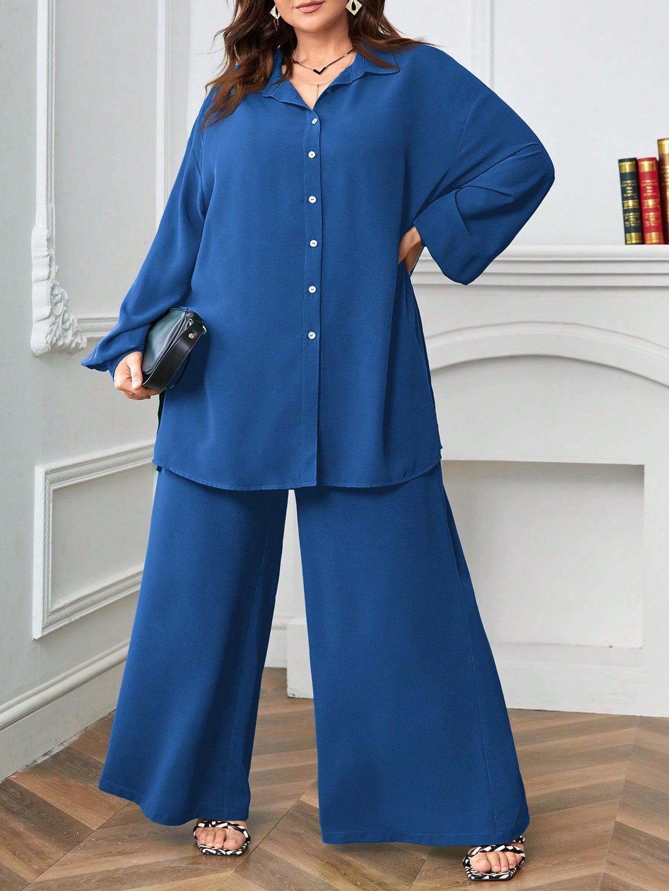 Button Down Long Sleeve Polo Neck Shirt Top & Wide Leg Pants Plus Size Terno Set Coords