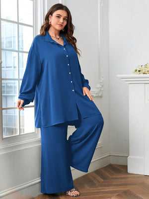 Button Down Long Sleeve Polo Neck Shirt Top & Wide Leg Pants Plus Size Terno Set Coords