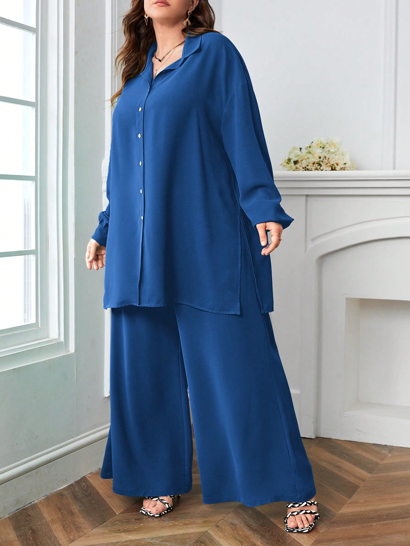 Button Down Long Sleeve Polo Neck Shirt Top & Wide Leg Pants Plus Size Terno Set Coords