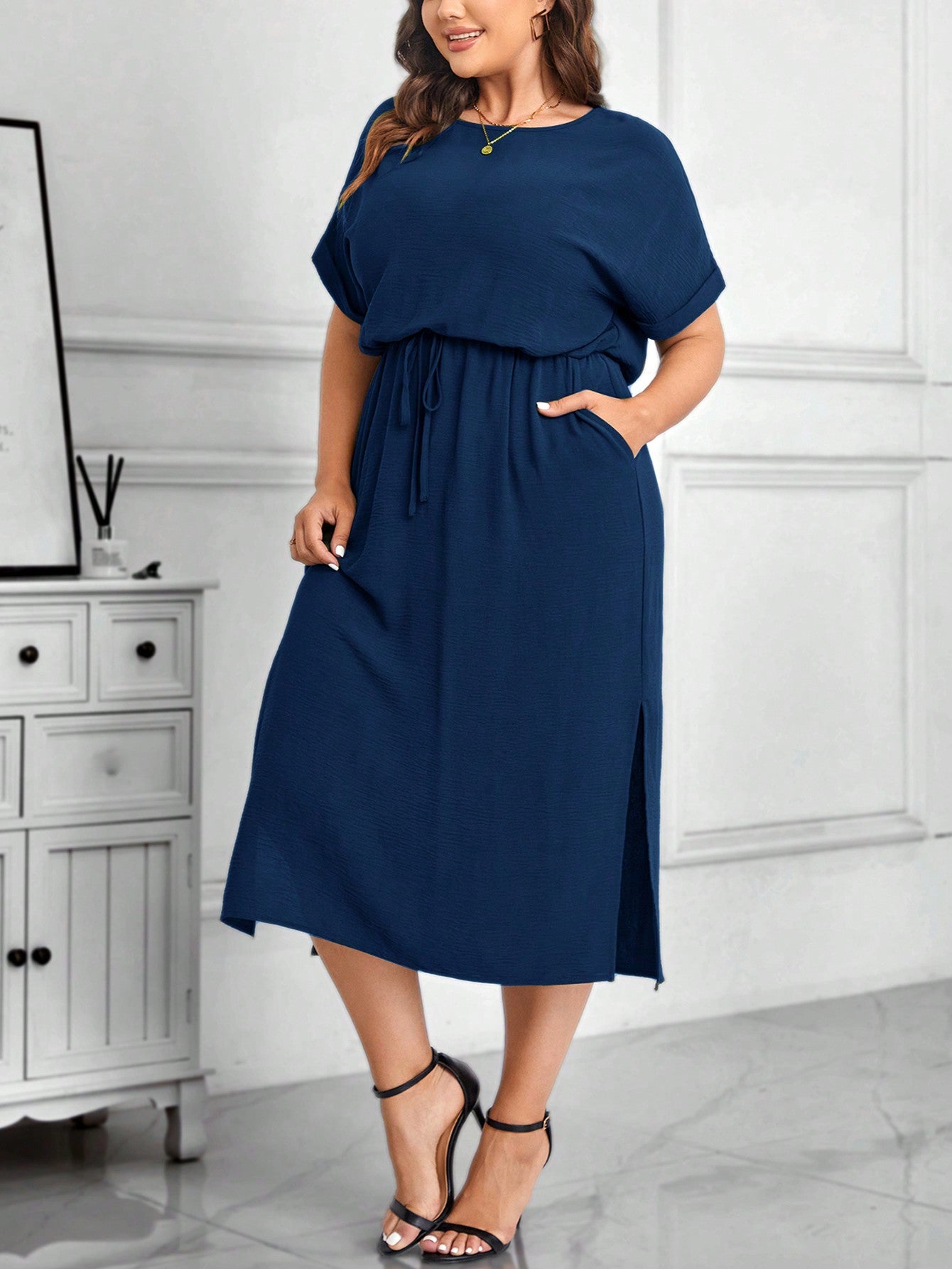 Side Pocket Side Slit Hem Garter Drawstring Waist Fold-up Batwing Sleeve Plus Size Dress