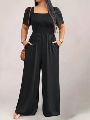 Square Neck Shirred Upper Side Pocket Plus Size Jumpsuit