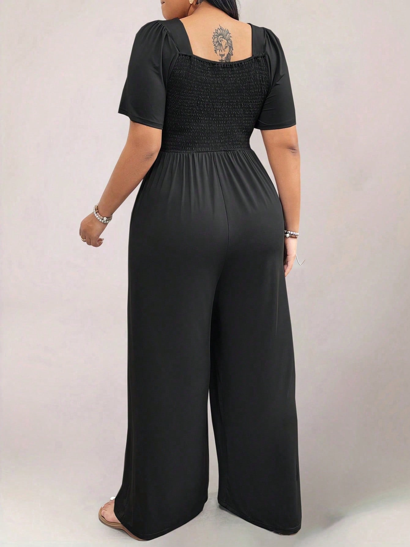 Square Neck Shirred Upper Side Pocket Plus Size Jumpsuit