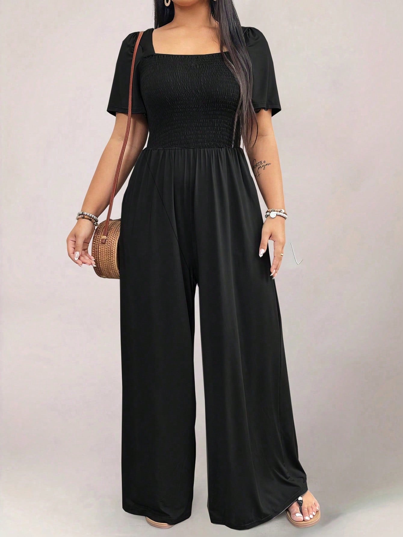 Square Neck Shirred Upper Side Pocket Plus Size Jumpsuit