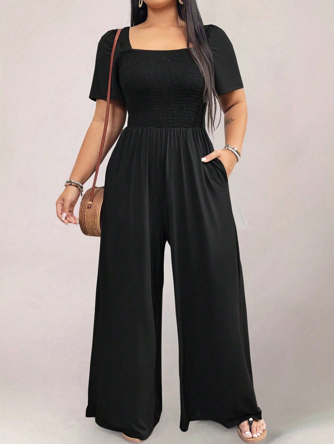 Square Neck Shirred Upper Side Pocket Plus Size Jumpsuit