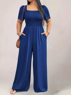 Square Neck Shirred Upper Side Pocket Plus Size Jumpsuit