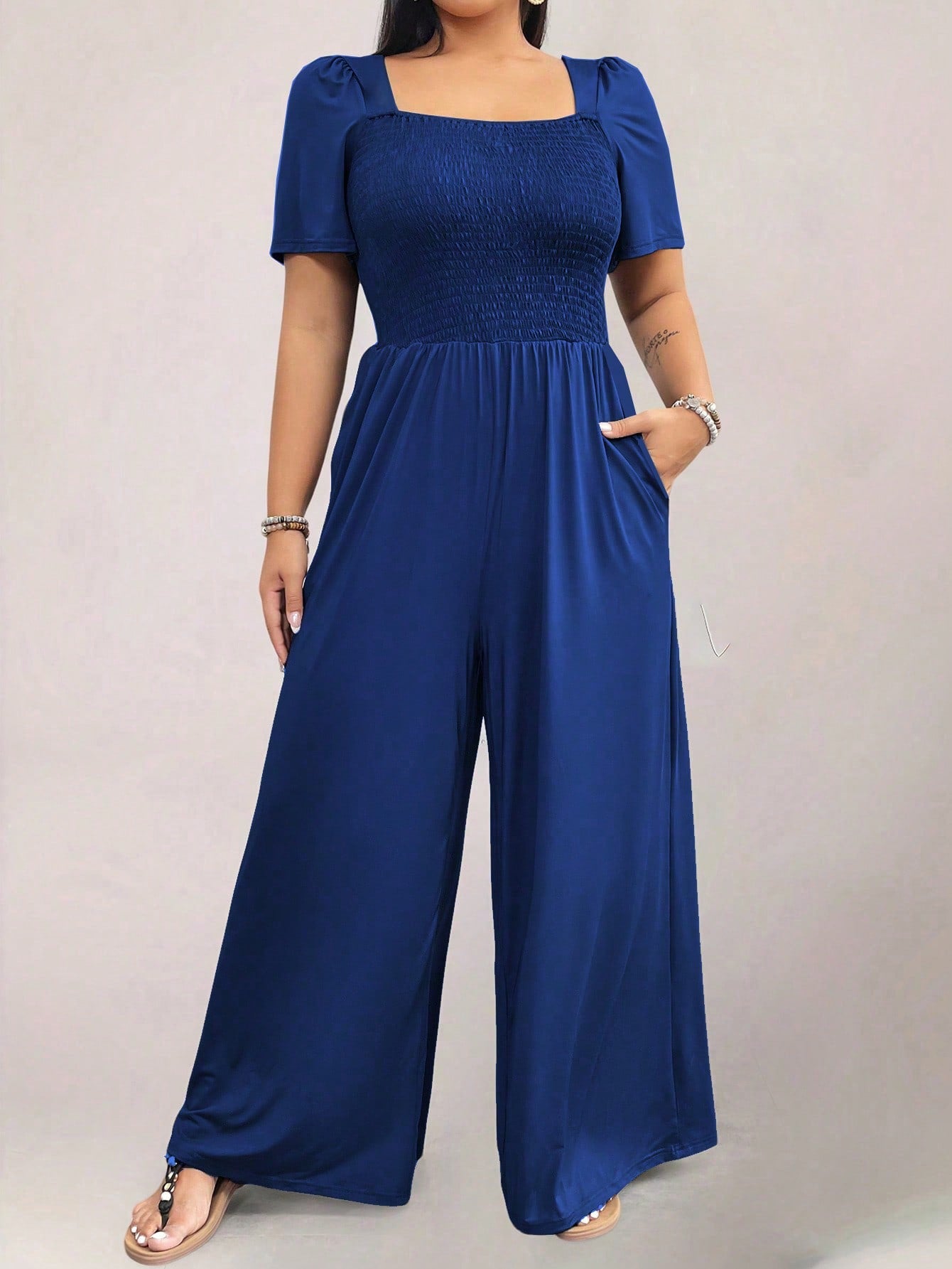 Square Neck Shirred Upper Side Pocket Plus Size Jumpsuit