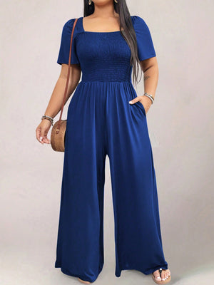 Square Neck Shirred Upper Side Pocket Plus Size Jumpsuit