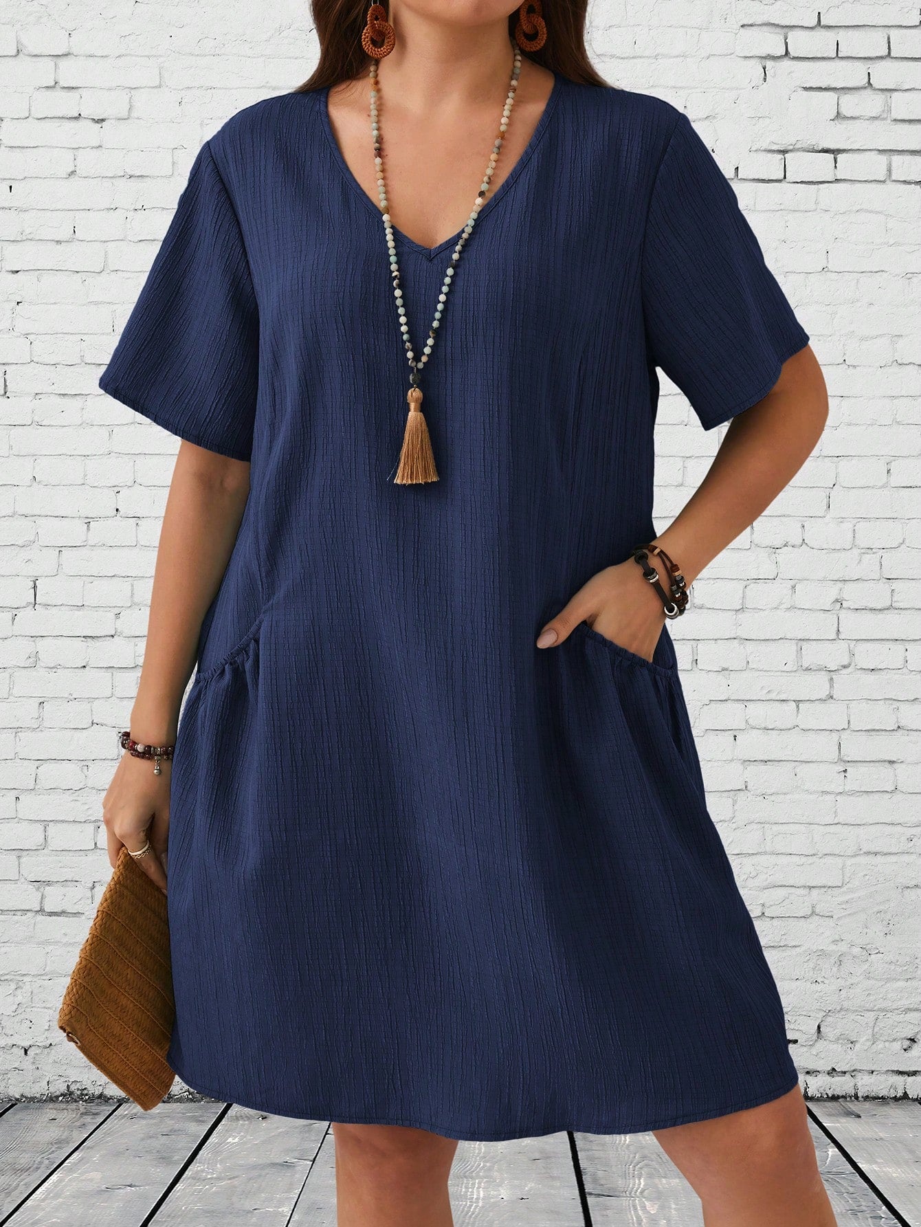 V-neck Side Pocket Solid Plus Size Dress