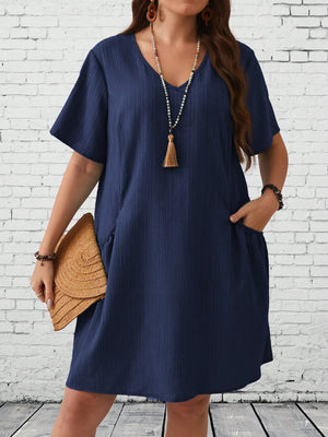 V-neck Side Pocket Solid Plus Size Dress