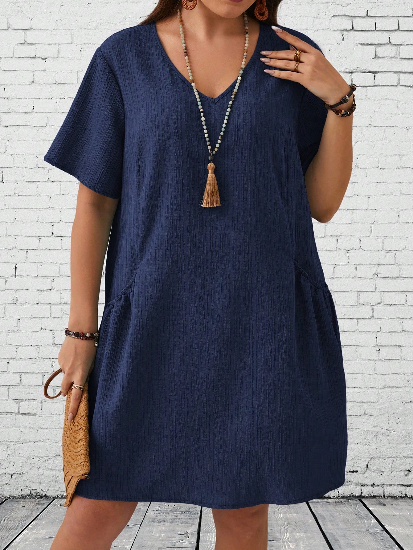 V-neck Side Pocket Solid Plus Size Dress